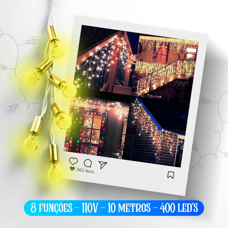 Cascata 400 Leds 10m Luz Branco Quente Fria 8 Funções Com Conector Macho e Femea