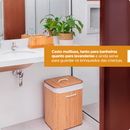 Cesto de Roupa Bambu Dobrável Retangular Com Tampa e Forro 70L