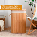 Cesto de Roupa Bambu Dobrável Retangular Com Tampa e Forro 70L