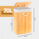 Cesto de Roupa Bambu Dobrável Retangular Com Tampa e Forro 70L