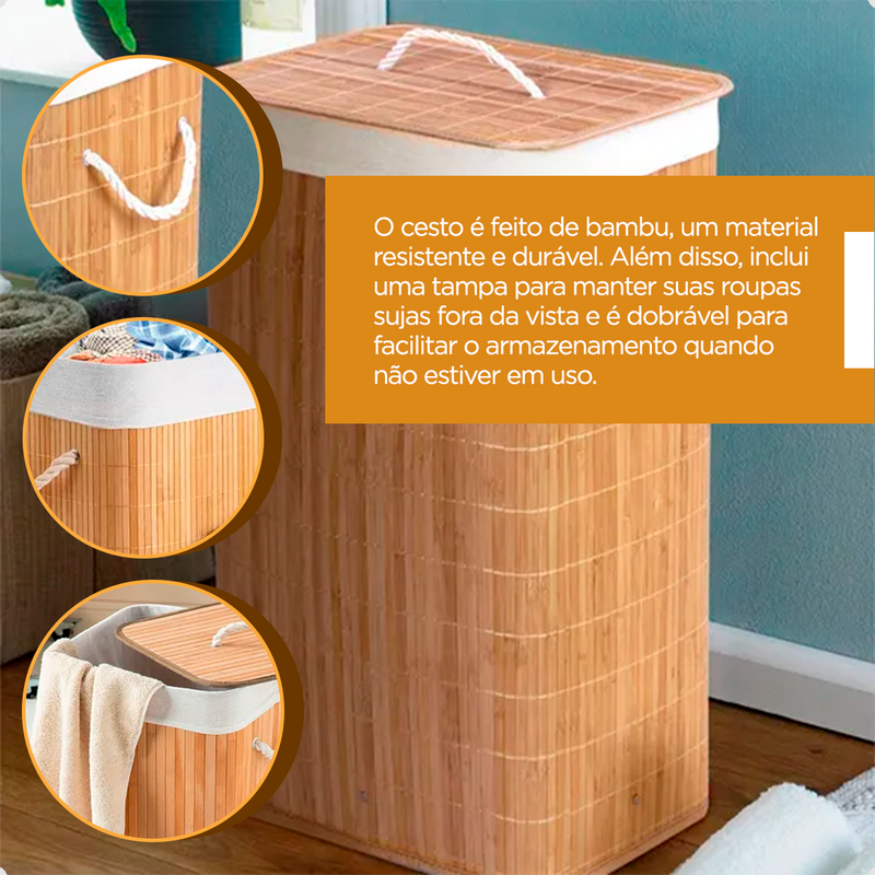 Cesto de Roupa Bambu Dobrável Retangular Com Tampa e Forro 70L