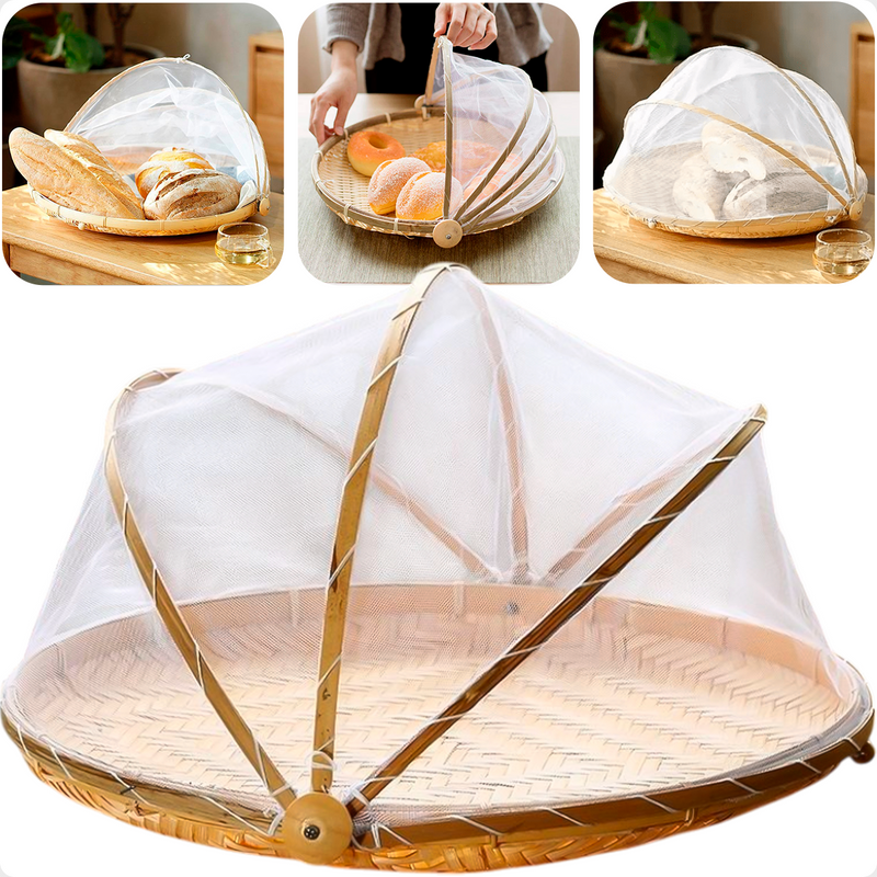 Cesto Porta Bolo e Pão Bambu Redondo Com Tela de Proteção