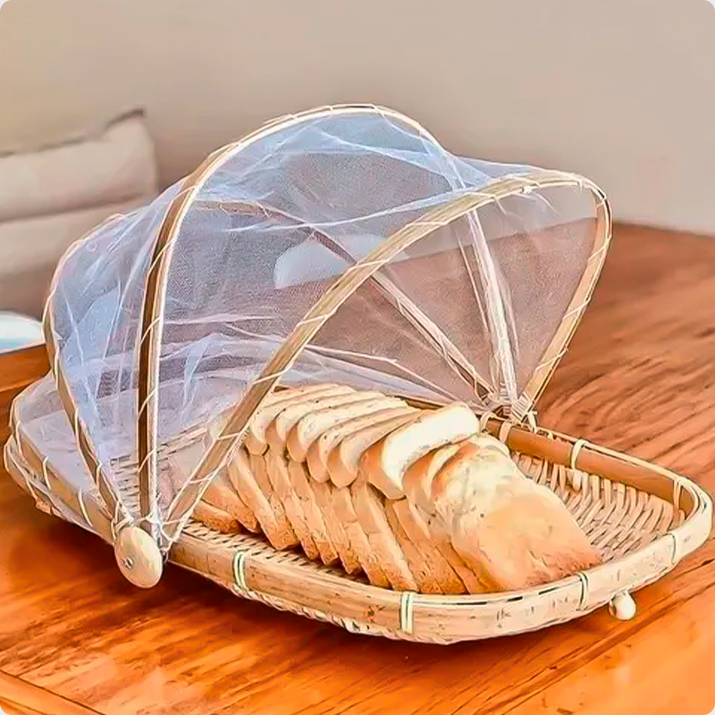 Cesto Porta Pães Bolo De Bambu Com Cobertura e Tela Retrátil 42cm Retangular