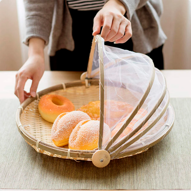 Cesto Porta Bolo e Pão Bambu Redondo Com Tela de Proteção