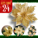Kit 24 Flores de Natal Dourado Artificiais Bico Papagaio Com Glitter Decoração Árvore de Natal