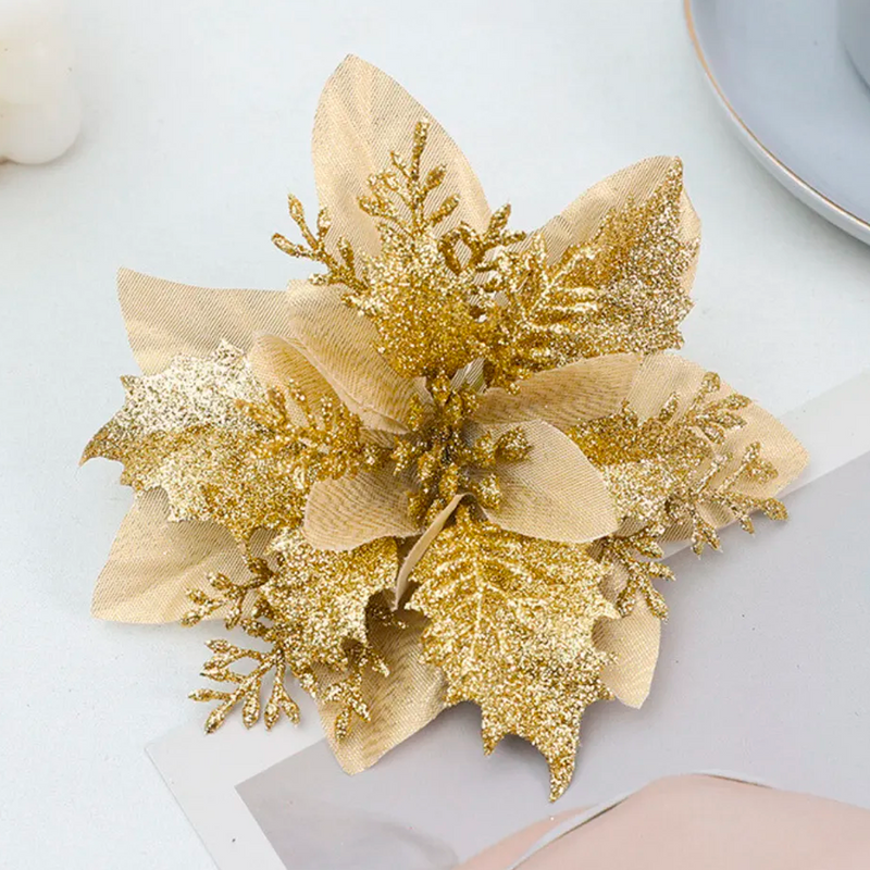 Kit 24 Flores de Natal Dourado Artificiais Bico Papagaio Com Glitter Decoração Árvore de Natal